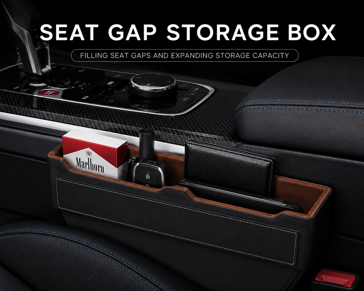 Car seat gap storage box with products inside, shown in black, cognac, Off white and more.