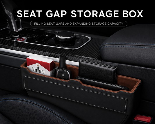 Car seat gap storage box with products inside, shown in black, cognac, Off white and more.